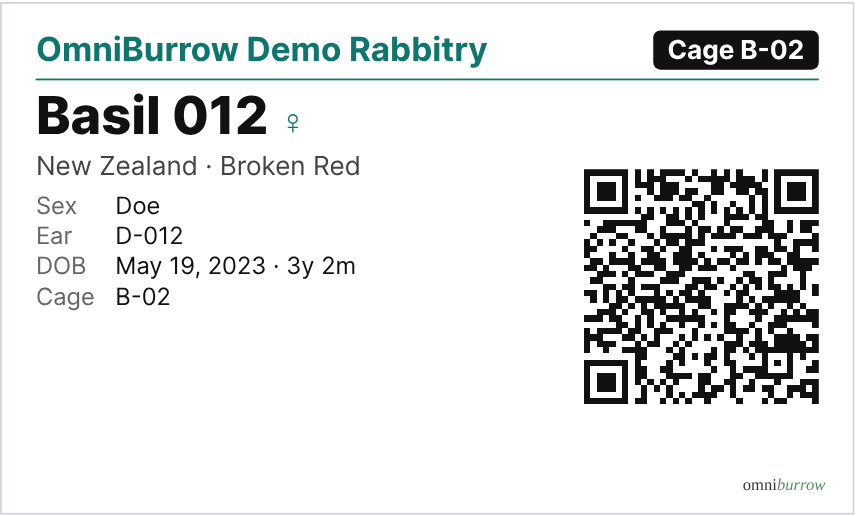 A printable cage card showing the rabbitry name and cage number in the header, the rabbit's name, breed and variety, sex, ear tag, date of birth and cage rows, and a QR code