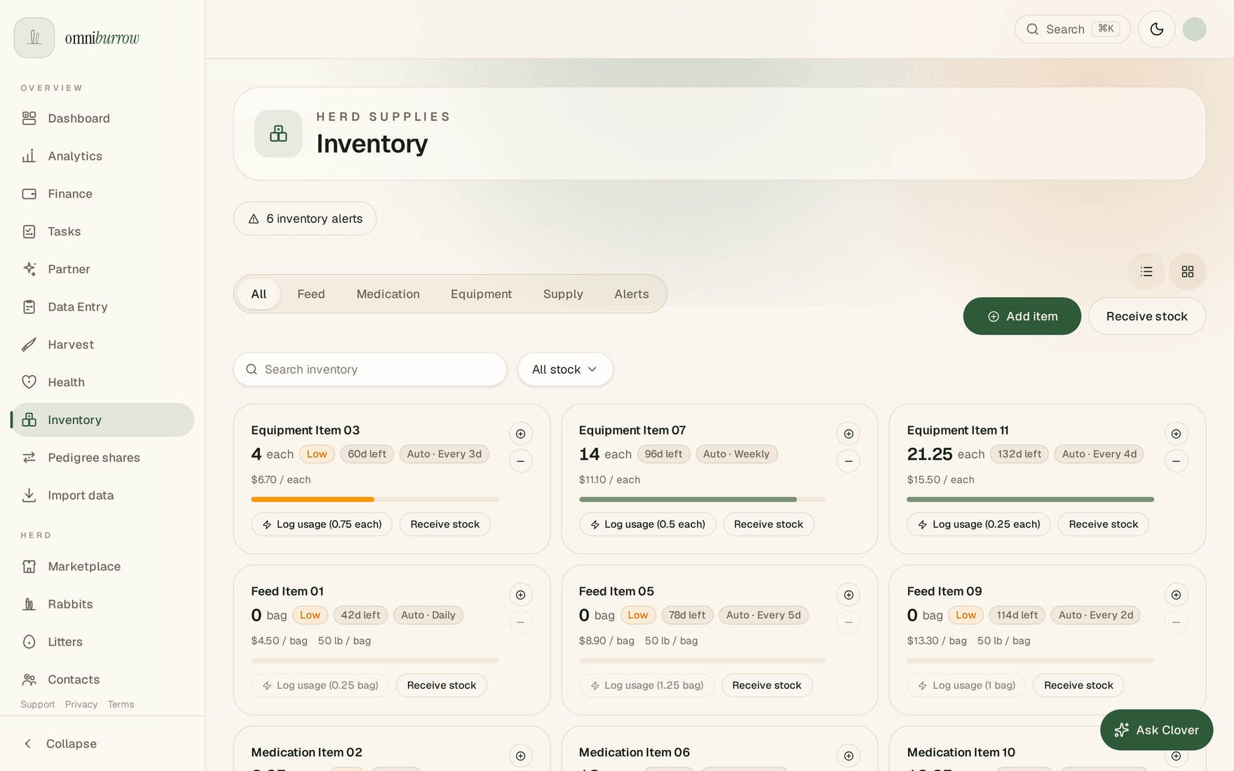 The web inventory page with an alert count and category tabs for feed, medication, equipment and supply, above item cards showing quantity on hand, a Low badge, days of stock left, unit cost and a usage bar